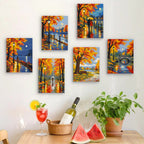Six finished Autumn Rain Promenade mini paintings hung on a wall above a table