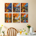 Autumn Rain Promenade mini paintings displayed as a gallery wall in a sunny kitchen