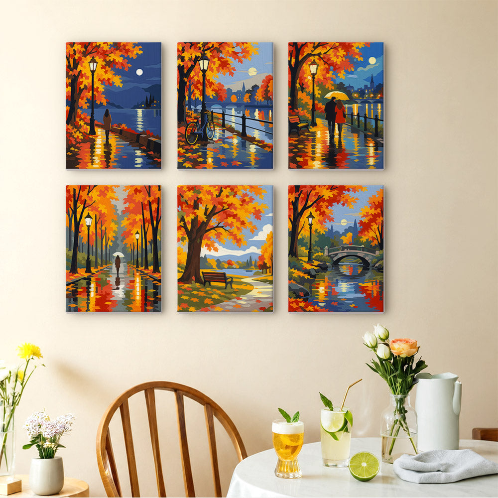 Autumn Rain Promenade mini paintings displayed as a gallery wall in a sunny kitchen
