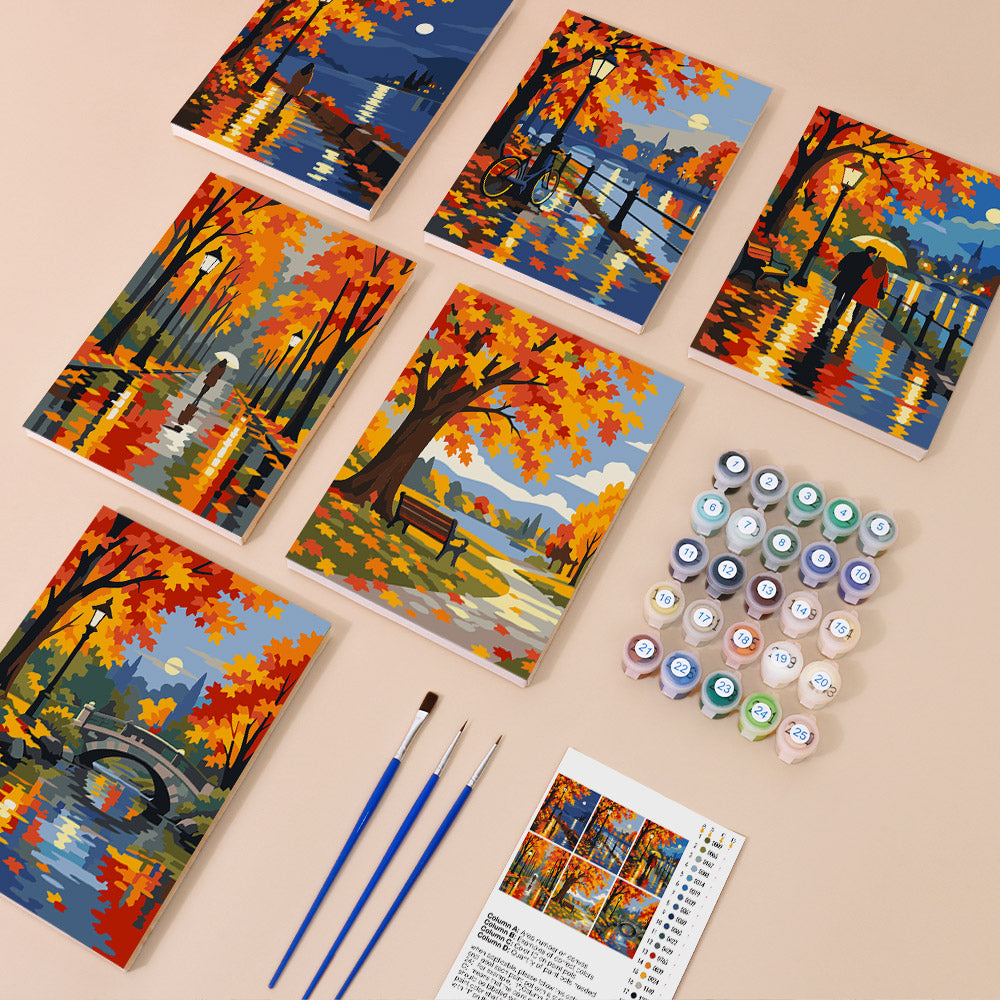 Autumn Rain Promenade mini paint by numbers kit with six numbered canvases, acrylic paints, brushes and layout