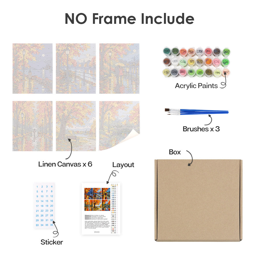 What's included without a frame: six rolled Autumn Rain Promenade mini canvases, acrylic paints, three brushes and layout