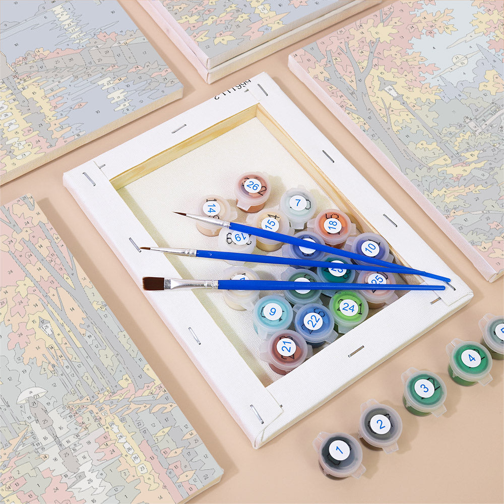 Numbered paint pots and brushes on a pre-stretched Autumn Rain Promenade mini canvas