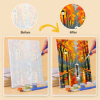 Before and after of an Autumn Rain Promenade mini paint by numbers canvas