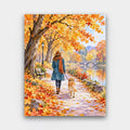 Autumn Walk with the Dog paint by numbers kit of a woman walking a dog along a park path under golden autumn trees by a river