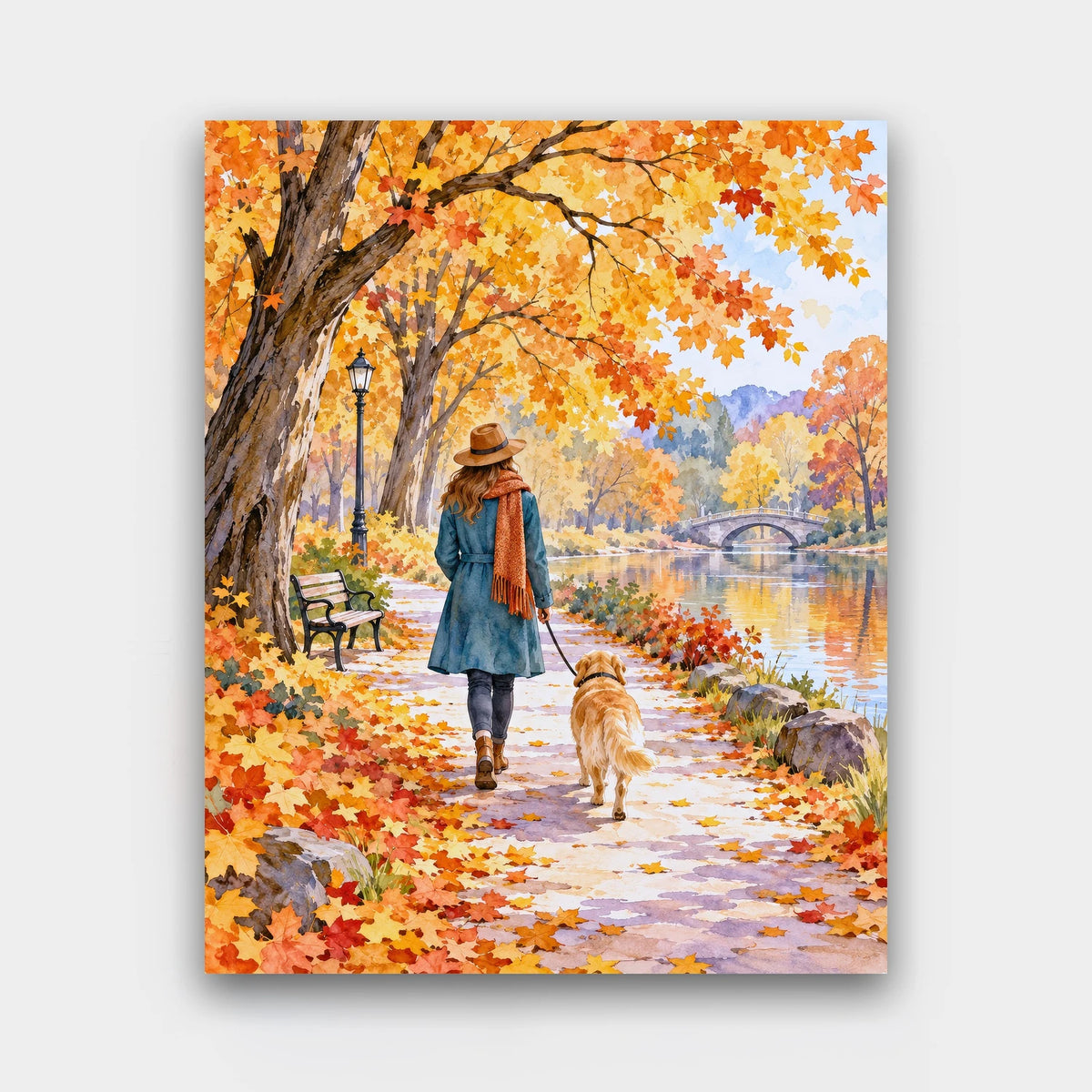 Autumn Walk with the Dog paint by numbers kit of a woman walking a dog along a park path under golden autumn trees by a river