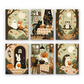 Autumn Woodland Cottage mini paint by numbers set: six cozy fall scenes with a ghost, fox, cats, owl, bunny and hedgehog in muted sage and pumpkin tones