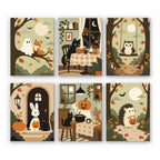 Autumn Woodland Cottage mini paint by numbers set: six cozy fall scenes with a ghost, fox, cats, owl, bunny and hedgehog in muted sage and pumpkin tones