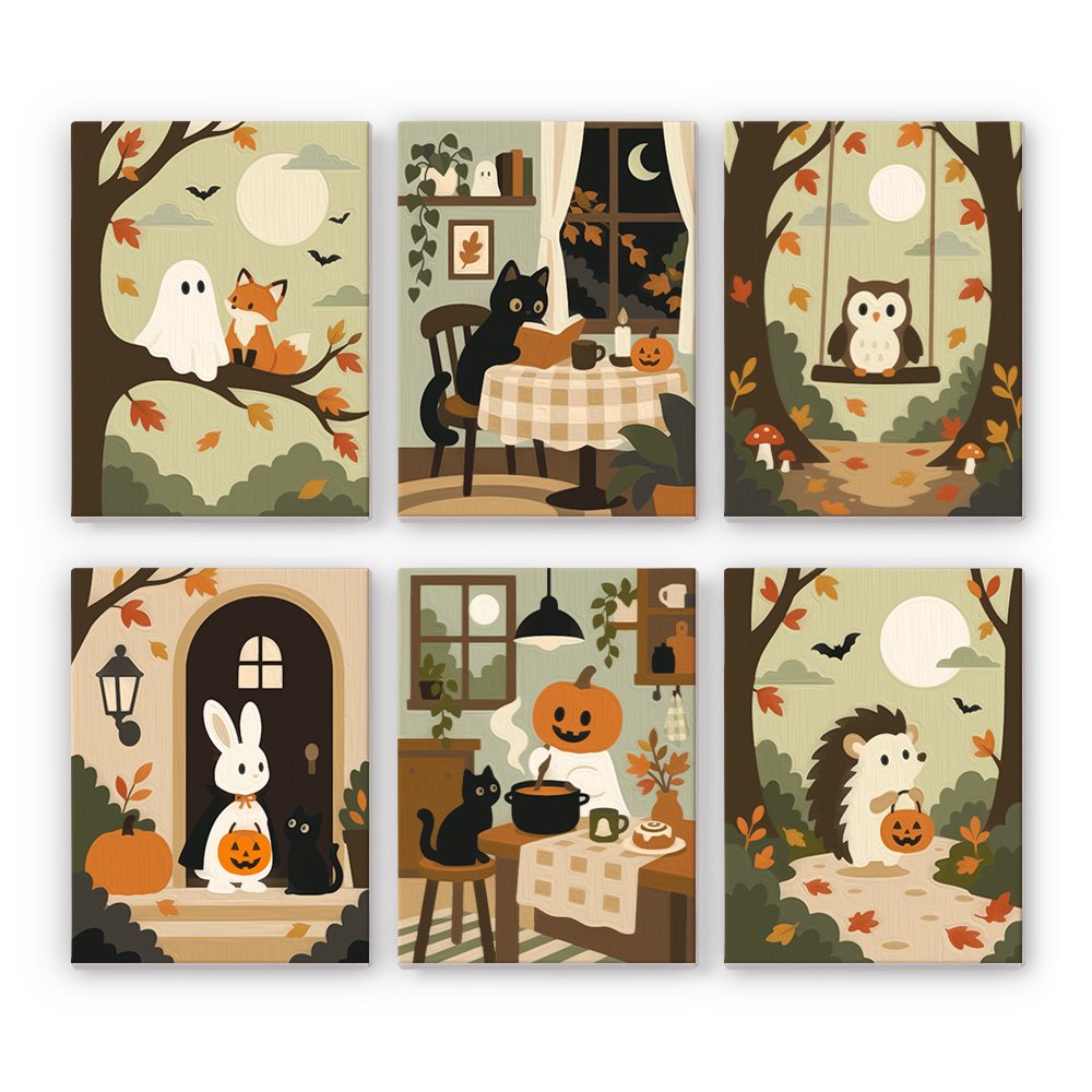 Autumn Woodland Cottage mini paint by numbers set: six cozy fall scenes with a ghost, fox, cats, owl, bunny and hedgehog in muted sage and pumpkin tones