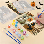 What's included pre-stretched on frame: six framed Autumn Woodland Cottage mini canvases, paints, three brushes, hangers and layout