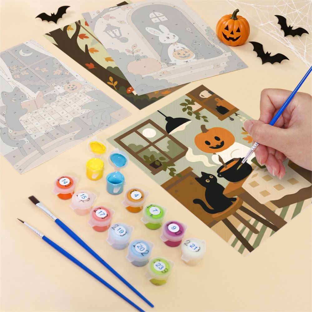 What's included pre-stretched on frame: six framed Autumn Woodland Cottage mini canvases, paints, three brushes, hangers and layout