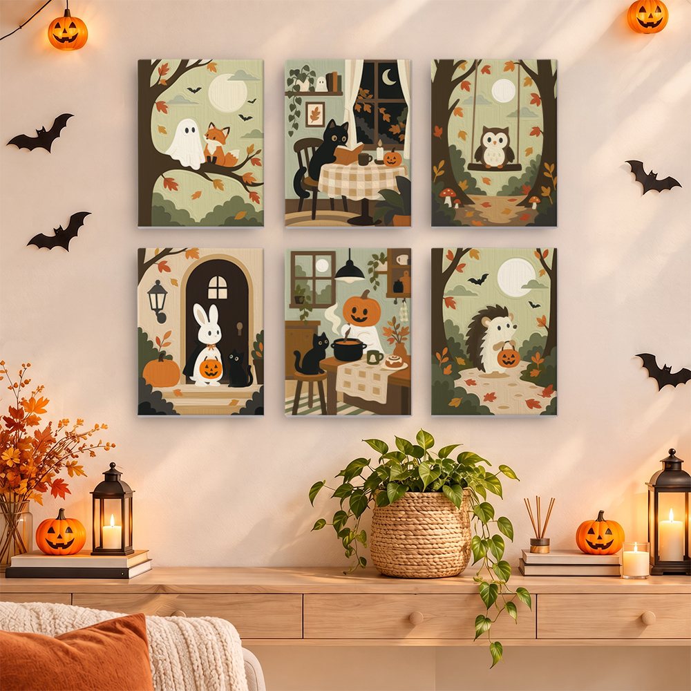 Numbered paint pots and brushes on a pre-stretched Autumn Woodland Cottage mini canvas