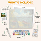 What's included in the Awaiting a Journey paint by numbers kit: numbered linen canvas, reference sheet, color guide, 24 acrylic paints, 3 brushes and thank you card