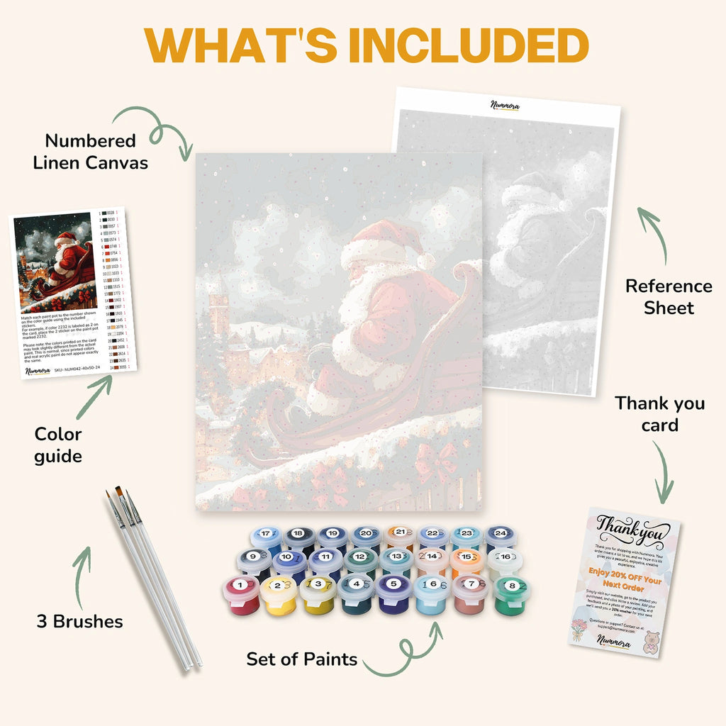 What's included in the Awaiting the Christmas Magic paint by numbers kit: numbered linen canvas, reference sheet, color guide, 24 acrylic paints, 3 brushes and thank you card