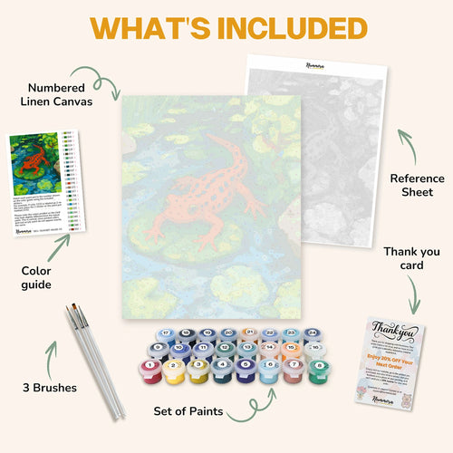 What's included in the Axolotl Bliss paint by numbers kit: numbered linen canvas, reference sheet, color guide, 24 acrylic paints, 3 brushes and thank you card