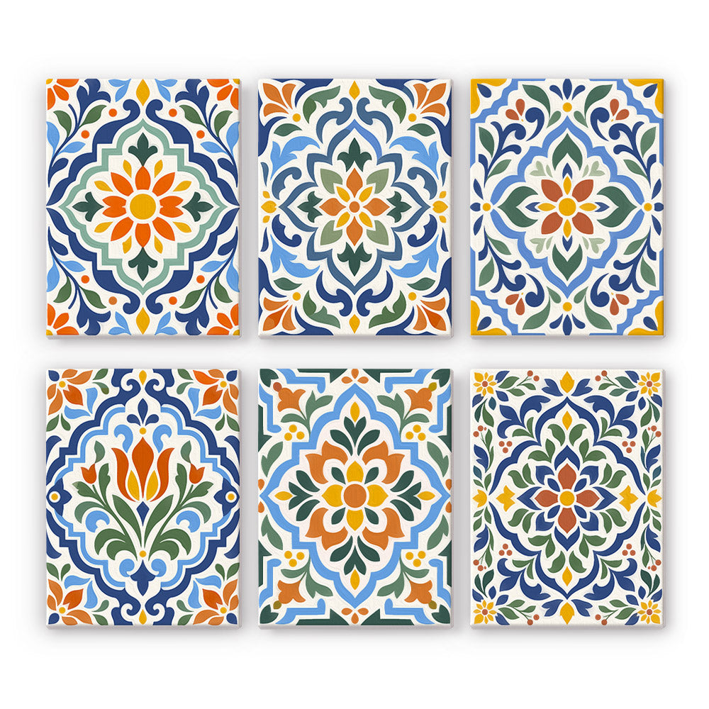 Azulejo Tiles mini paint by numbers set: six ornate tile patterns in cobalt blue, orange and green