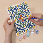 Hand holding an Azulejo Tiles mini canvas while painting the details