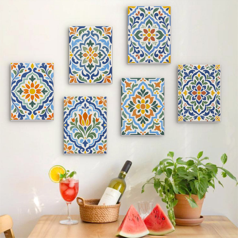 Six finished Azulejo Tiles mini paintings hung on a wall above a table