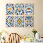 Azulejo Tiles mini paintings displayed as a gallery wall in a sunny kitchen