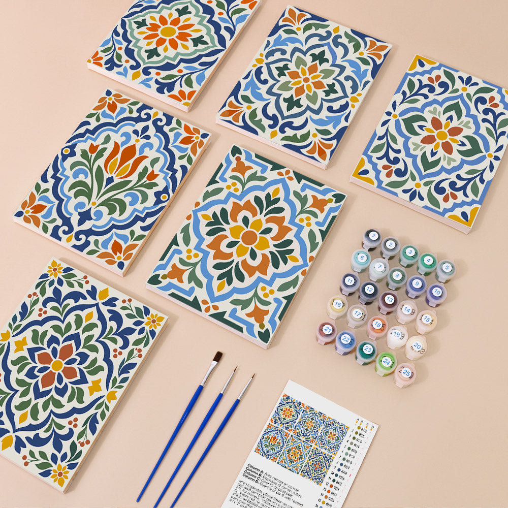 Azulejo Tiles mini paint by numbers kit with six numbered canvases, acrylic paints, brushes and layout