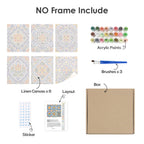 What's included without a frame: six rolled Azulejo Tiles mini canvases, acrylic paints, three brushes and layout