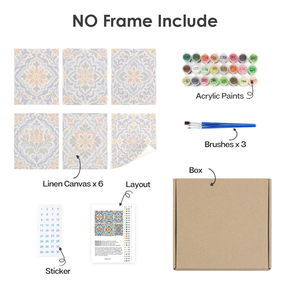 What's included without a frame: six rolled Azulejo Tiles mini canvases, acrylic paints, three brushes and layout