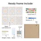 What's included pre-stretched on frame: six framed Azulejo Tiles mini canvases, paints, three brushes, hangers and layout