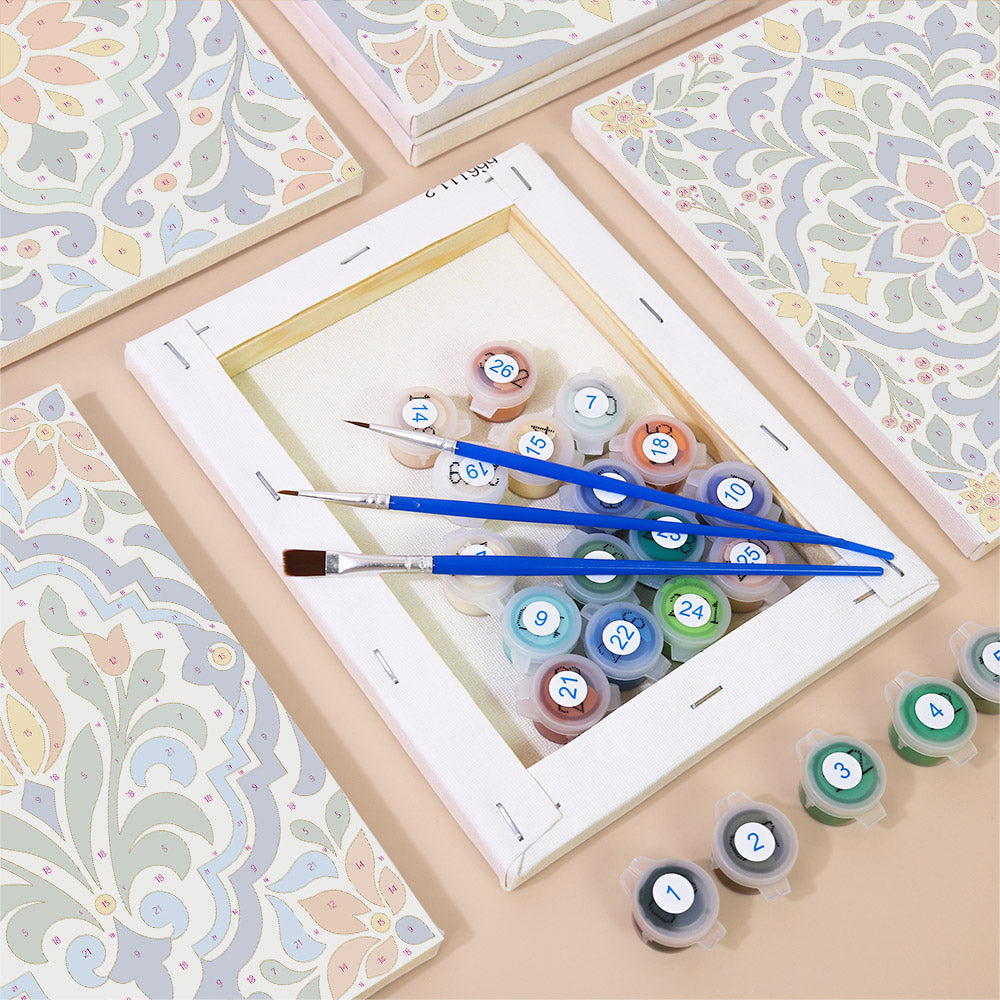 Numbered paint pots and brushes on a pre-stretched Azulejo Tiles mini canvas