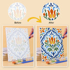 Before and after of an Azulejo Tiles mini paint by numbers canvas