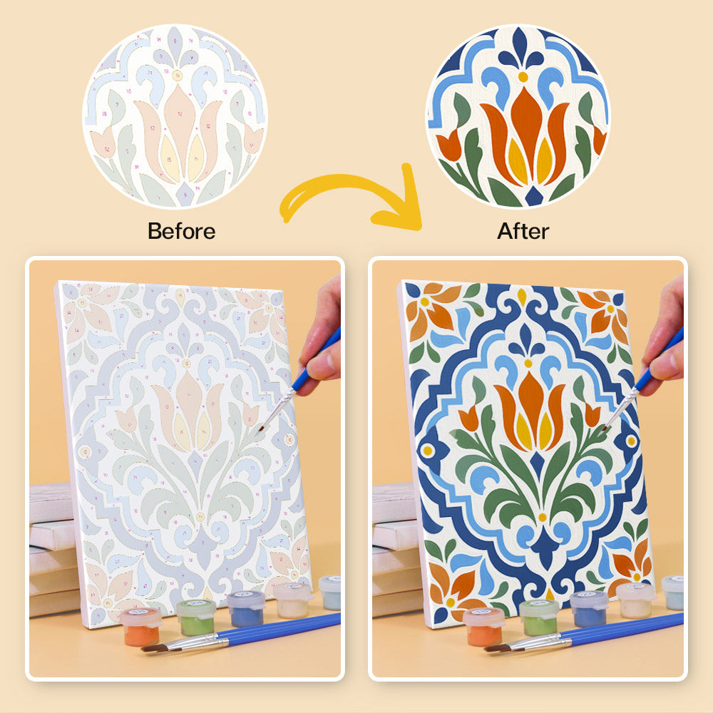 Before and after of an Azulejo Tiles mini paint by numbers canvas