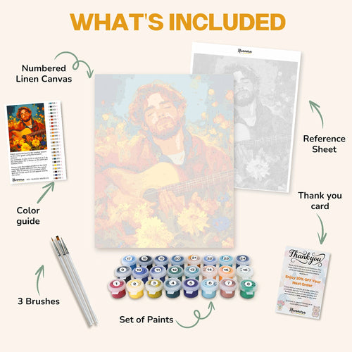 What's included in the Ballad of the Petals paint by numbers kit: numbered linen canvas, reference sheet, color guide, 24 acrylic paints, 3 brushes and thank you card