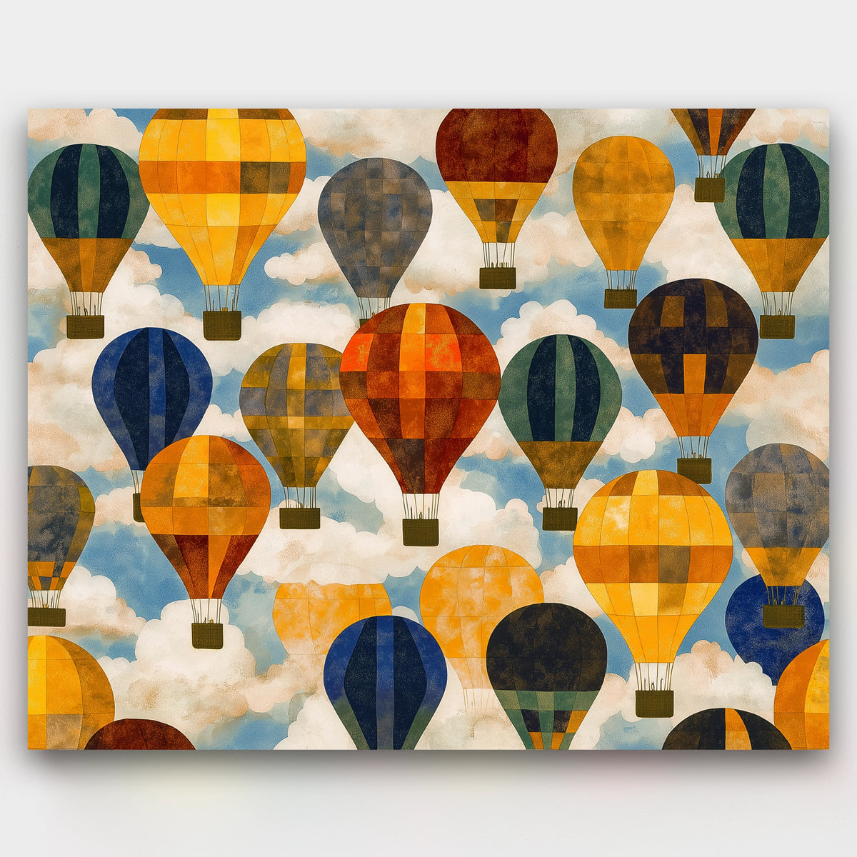 Pattern of colorful hot air balloons against a blue sky with clouds.