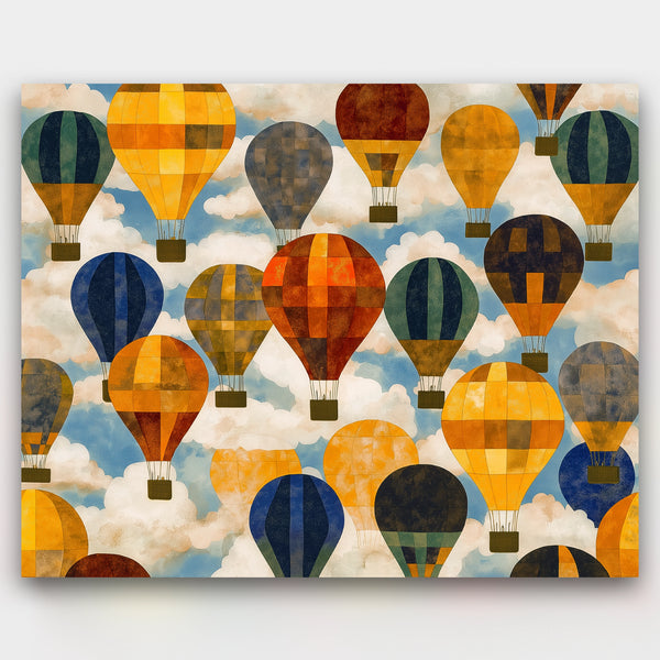 Pattern of colorful hot air balloons against a blue sky with clouds.