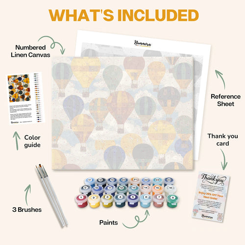 What's included in the Balloons Above paint by numbers kit: numbered linen canvas, reference sheet, color guide, 24 acrylic paints, 3 brushes and thank you card