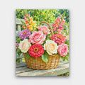 Basket from the Garden paint by numbers kit of a wicker basket overflowing with roses, zinnias and snapdragons on a garden bench