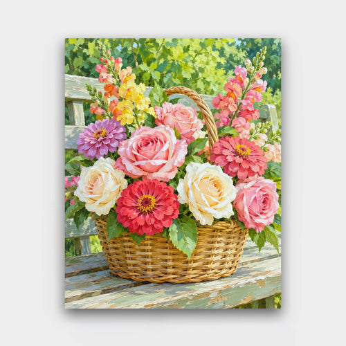 Basket from the Garden paint by numbers kit of a wicker basket overflowing with roses, zinnias and snapdragons on a garden bench