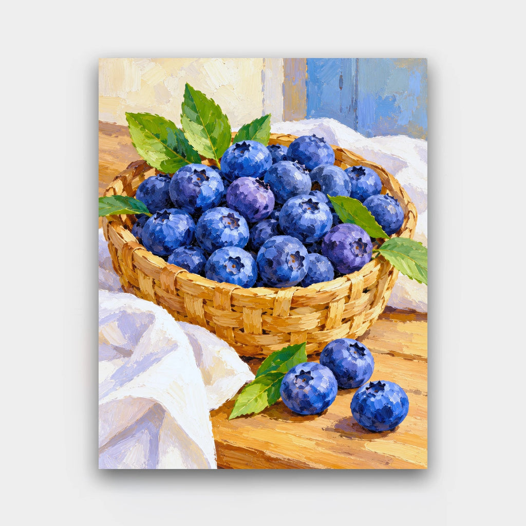 Basket of Blueberries paint by numbers kit of a woven basket of blueberries on a wooden table with leaves and a white cloth