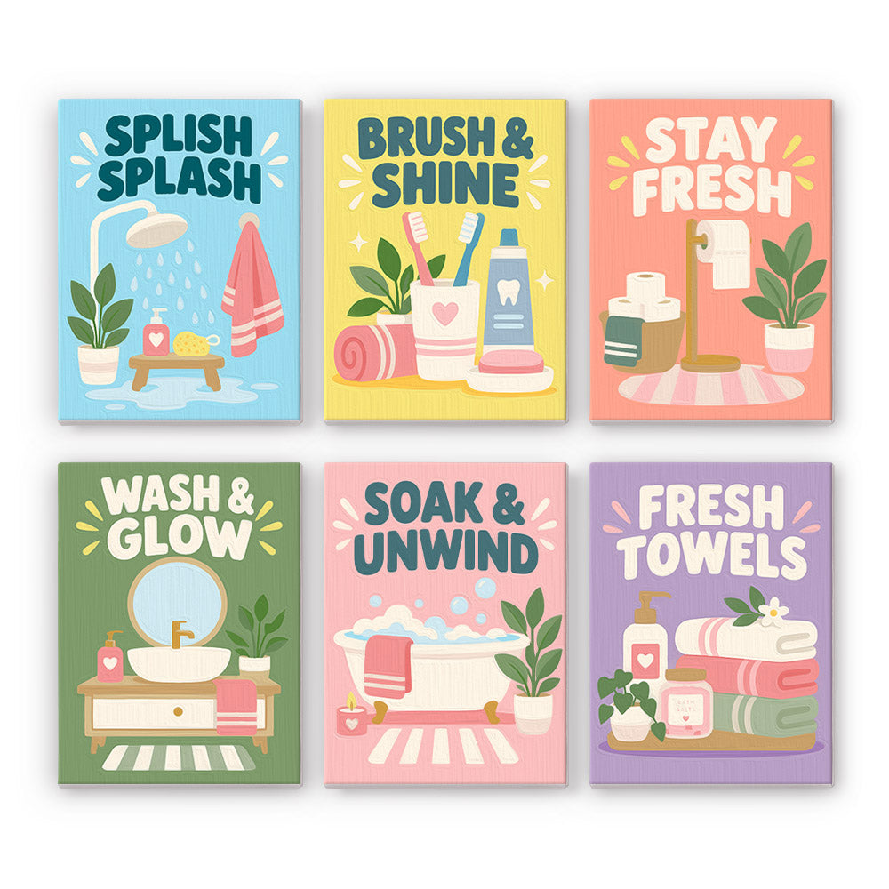 Bathroom Bliss mini paint by numbers set: six pastel bathroom signs with showers, toothbrushes, towels, a sink and a bubble bath