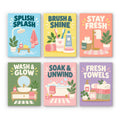 Bathroom Bliss mini paint by numbers set: six pastel bathroom signs with showers, toothbrushes, towels, a sink and a bubble bath