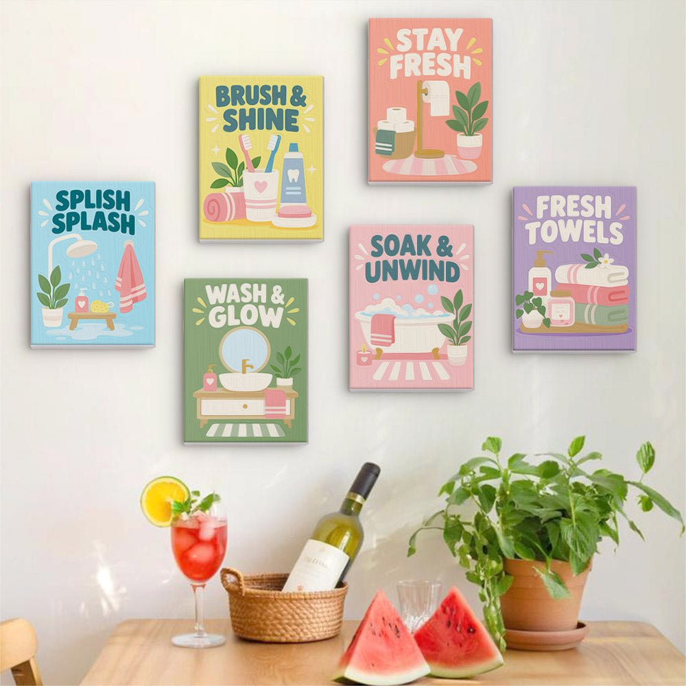 Six finished Bathroom Bliss mini paintings hung on a wall above a table