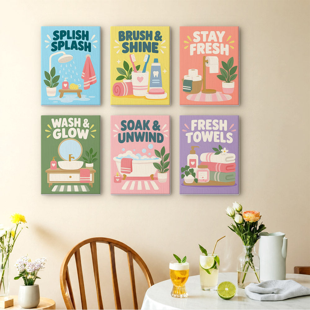 Bathroom Bliss mini paintings displayed as a gallery wall in a sunny kitchen