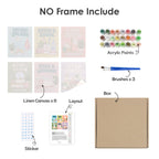What's included without a frame: six rolled Bathroom Bliss mini canvases, acrylic paints, three brushes and layout