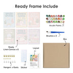 What's included pre-stretched on frame: six framed Bathroom Bliss mini canvases, paints, three brushes, hangers and layout