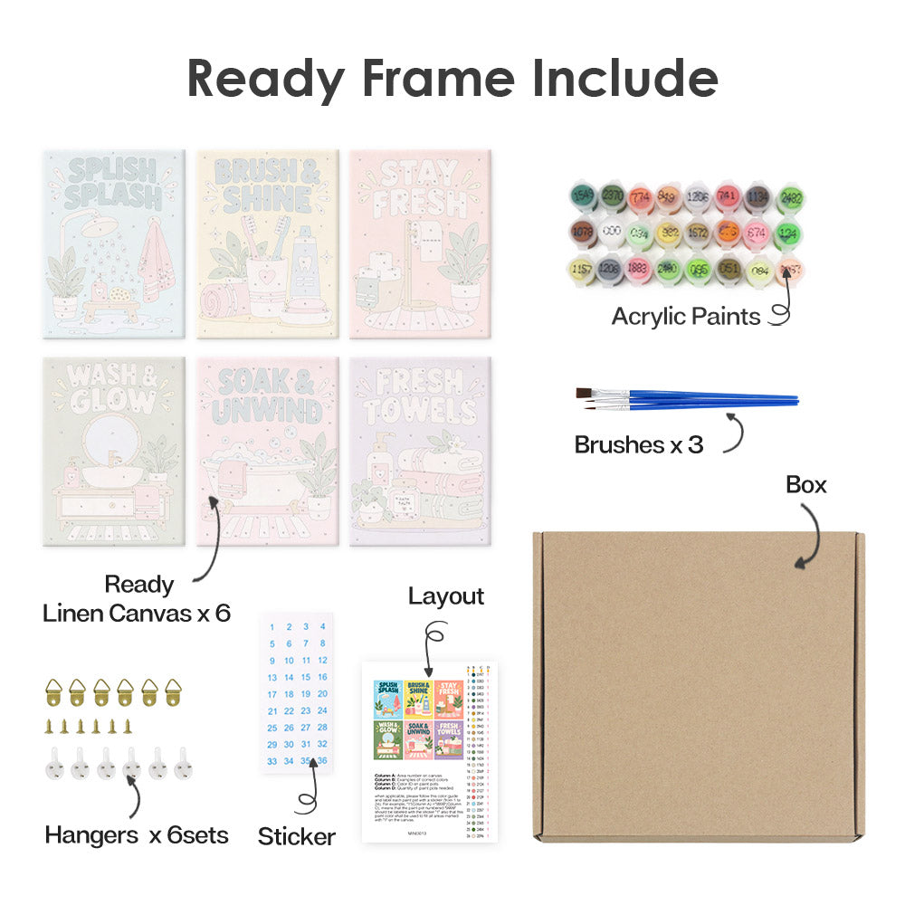 What's included pre-stretched on frame: six framed Bathroom Bliss mini canvases, paints, three brushes, hangers and layout