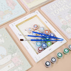 Numbered paint pots and brushes on a pre-stretched Bathroom Bliss mini canvas