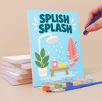 Painting a Bathroom Bliss mini canvas propped up beside numbered acrylic paints