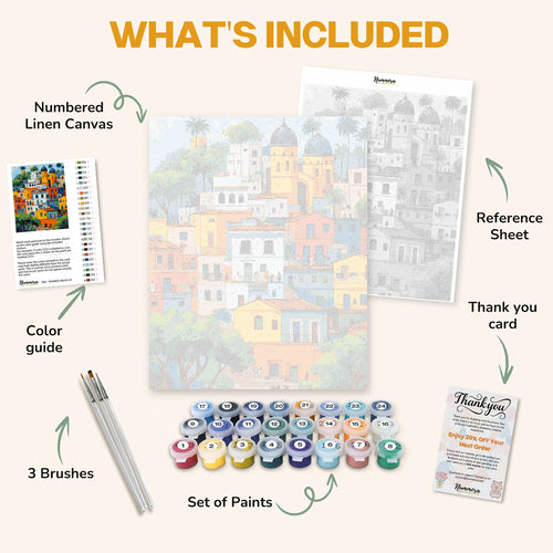 What's included in the Bay of Colors paint by numbers kit: numbered linen canvas, reference sheet, color guide, 24 acrylic paints, 3 brushes and thank you card