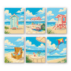 Beach Day mini paint by numbers set: six designs of a beach hut, ice cream cart, lifeguard tower, picnic and kite