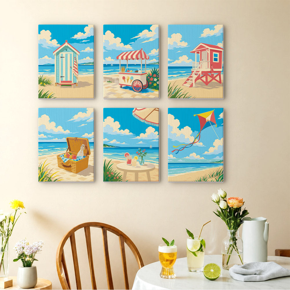 Beach Day mini paintings displayed as a gallery wall in a sunny kitchen