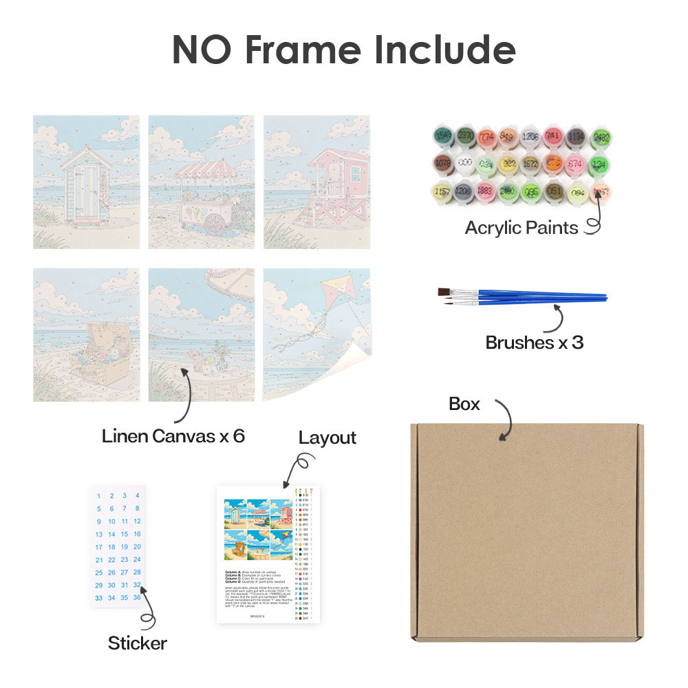 What's included without a frame: six rolled Beach Day mini canvases, acrylic paints, three brushes and layout
