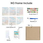What's included without a frame: six rolled Beach Day mini canvases, acrylic paints, three brushes and layout